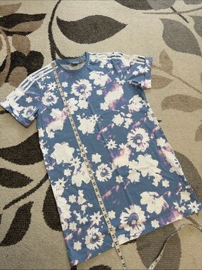 adidas Girls Blue Floral Print Tee Dress with Signature Stripes